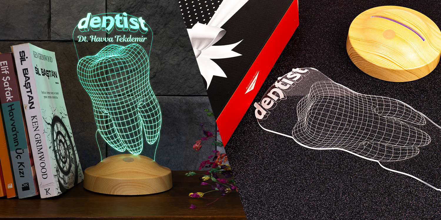 Kadın diş hekimine hediye olarak tercih edilen kişiye özel LED lamba dekoratif masa ürünü