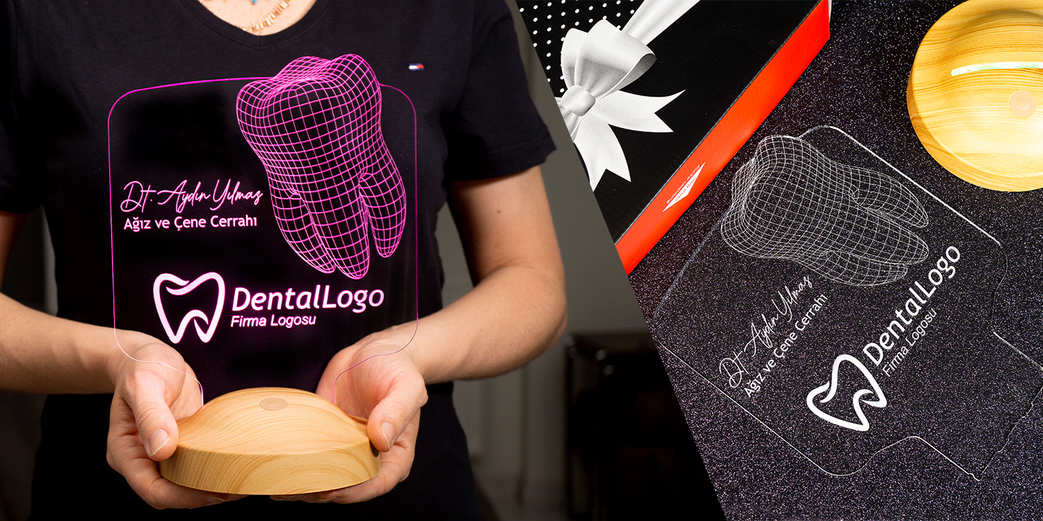 Diş kliniği için hediye önerisi olan isimli diş temalı 3D LED lamba ofis dekoru