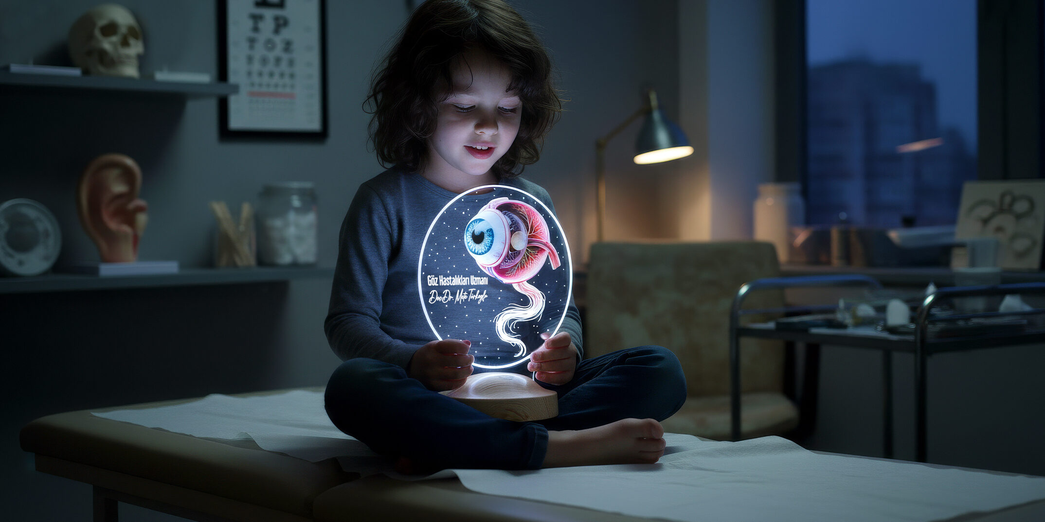 Göz doktoruna hediye olarak hazırlanan kişiye özel isimli 3D LED lamba ve göz temalı tasarım detayları