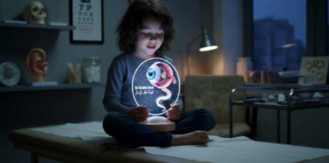 Göz doktoruna hediye olarak hazırlanan kişiye özel isimli 3D LED lamba ve göz temalı tasarım detayları