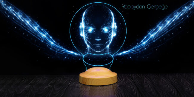 Yapay zeka ile fikirden ürüne dönüşümü temsil eden Sevgi Lambası görseli, ışık hüzmeleriyle oluşan robot yüz tasarımı ve kişiye özel hediye üretim süreci