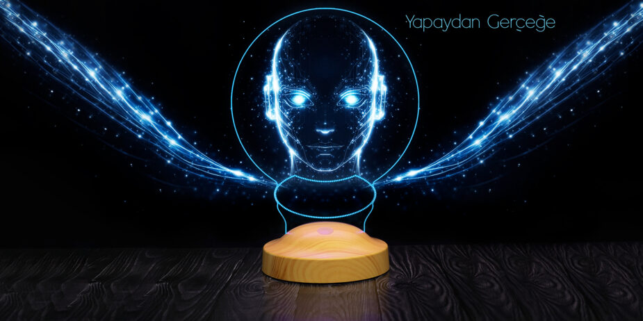 Yapay zeka ile fikirden ürüne dönüşümü temsil eden Sevgi Lambası görseli, ışık hüzmeleriyle oluşan robot yüz tasarımı ve kişiye özel hediye üretim süreci