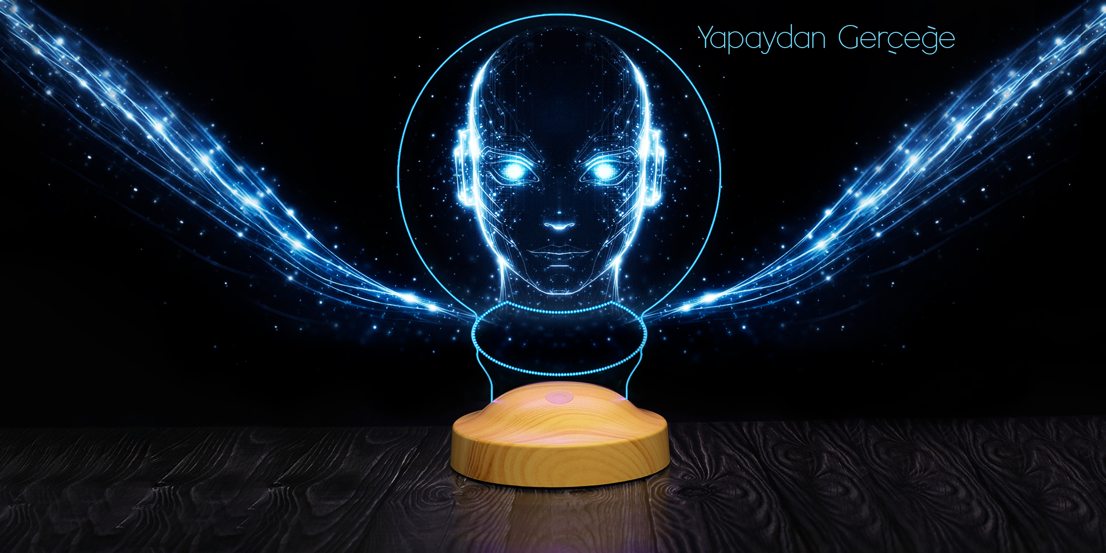Yapay zeka ile fikirden ürüne dönüşümü temsil eden Sevgi Lambası görseli, ışık hüzmeleriyle oluşan robot yüz tasarımı ve kişiye özel hediye üretim süreci